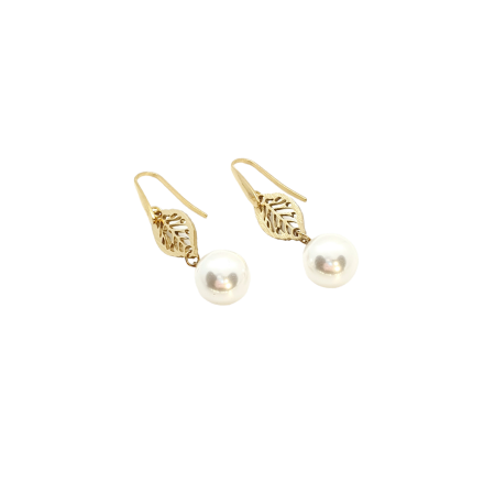 earrings steel gold pearl and leaf